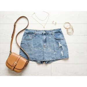 Womens XL Blue Denim Distressed Skort Frayed Mini Jean Skirt Shorts XL Y2K